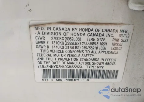 2012 Acura Mdx Technology Package z USA, uszkodzony, nr VIN 2HNYD2H40CH522664
